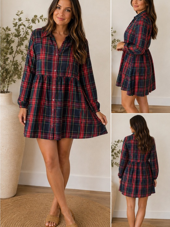J. Crew Dresses & Skirts - J. Crew Red & Navy Plaid Button-Front Babydoll Dress